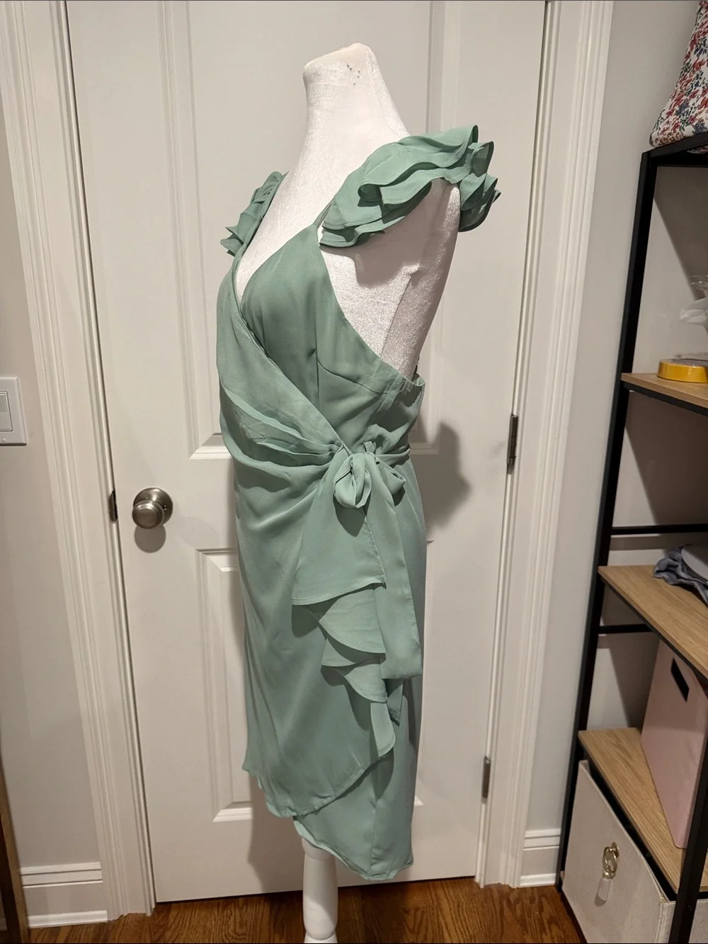 Sage Green Tie-Waist Midi Wrap Dress with Ruffle Shoulders NWT